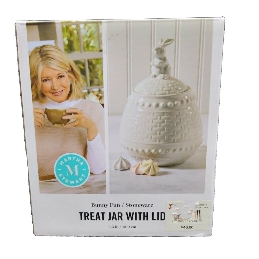 Martha Stewart Bunny Fun White Stoneware Treat Jar with Lid Easter Rabbit Decor